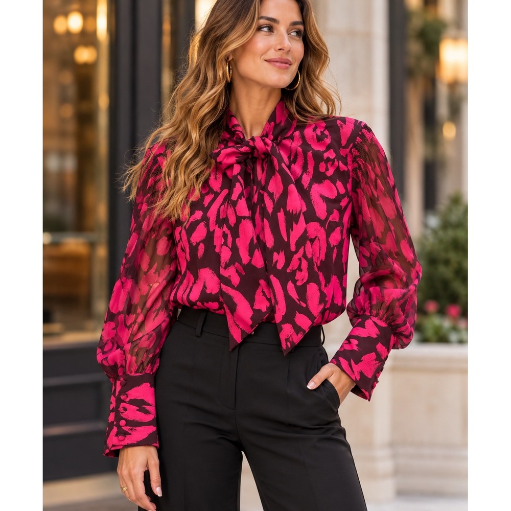 Chic Floral Glam Bow Blouse Sheer Sleeve Abstract Animal Blouse Mob Wife Sz M
